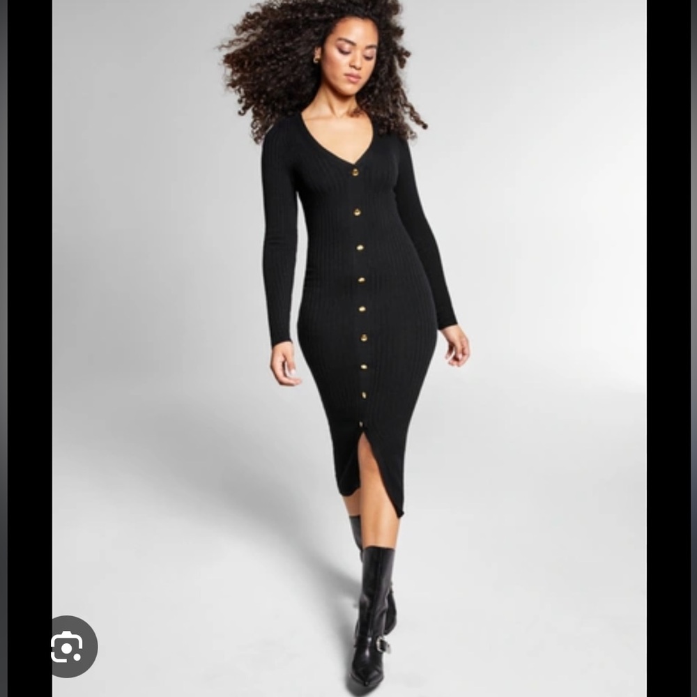INC International Concepts Black Ribbed Long Sleeve Dress